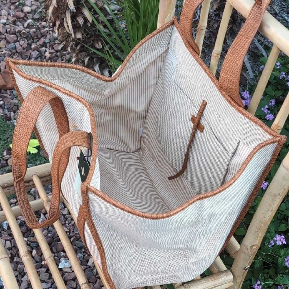 Brown and Cream Tote Bag with Tennis Racket Design